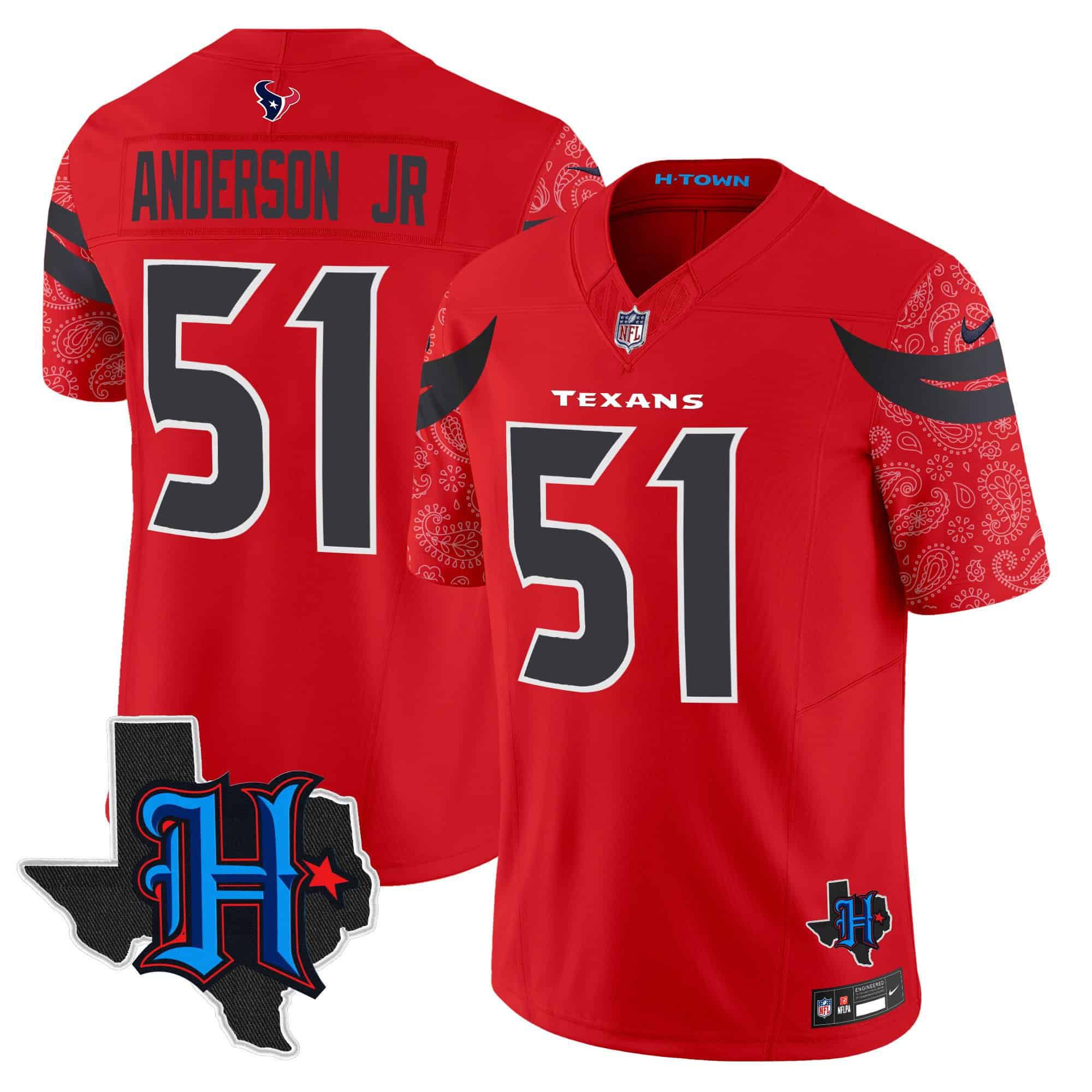 Men Houston Texans 51 Anderson jr Red 2024 Nike Texas Patch Vapor Limited NFL Jersey